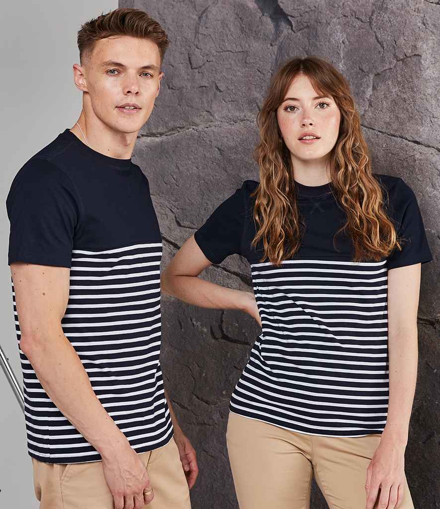 Front Row Unisex Breton Striped T-Shirt in Navy White by Front Row — Custom branded clothing by Print Press, featuring premium embroidery produced in our specialist print lab in the UK.