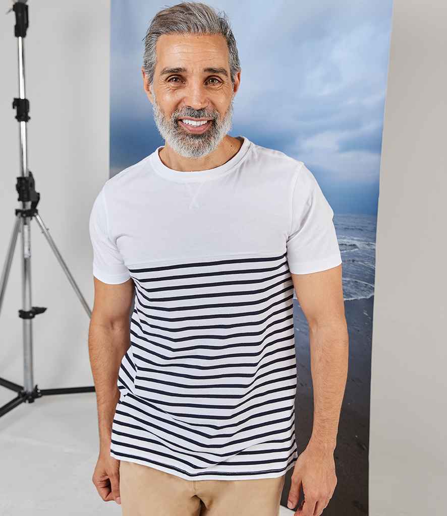 Front Row Unisex Breton Striped T-Shirt in White Navy by Front Row — Custom branded clothing by Print Press, featuring premium embroidery produced in our specialist print lab in the UK.