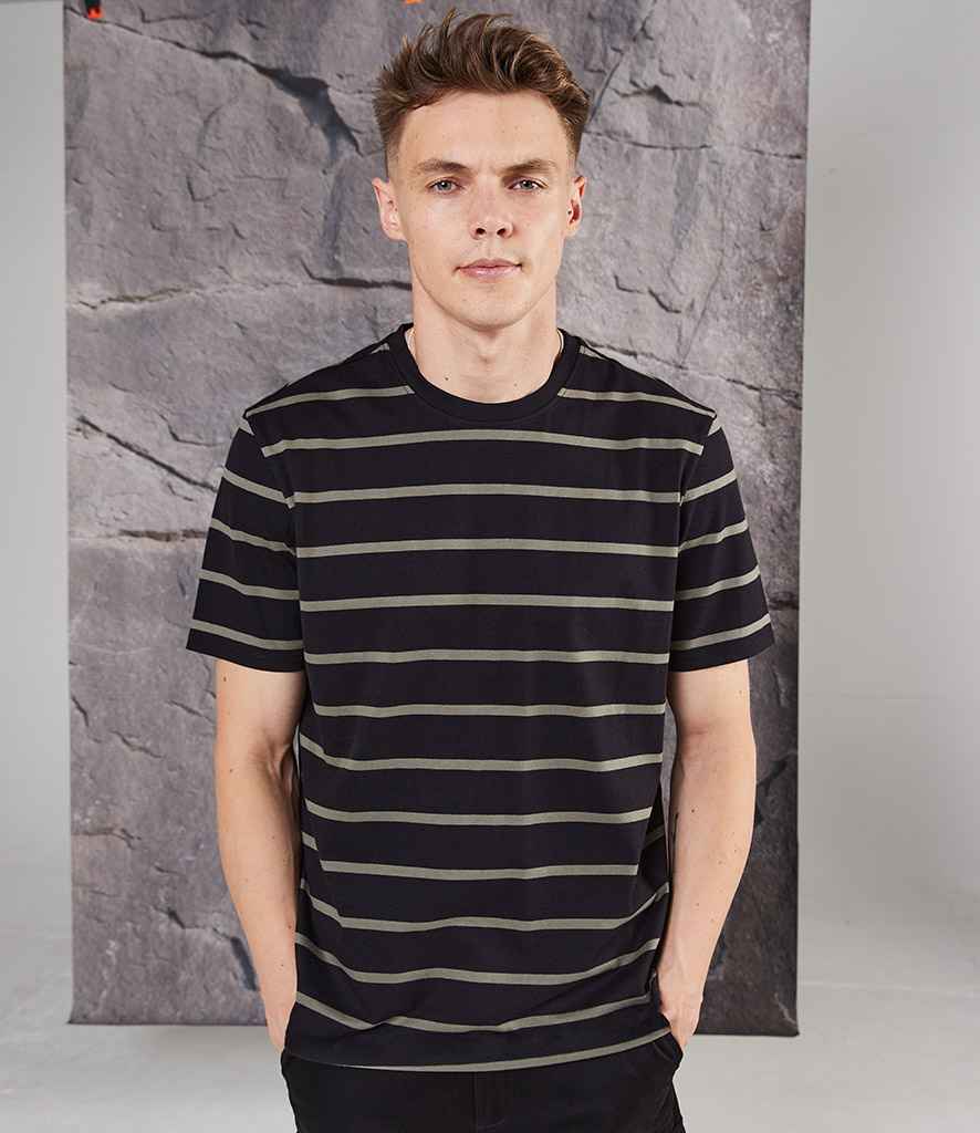 Front Row Striped T-Shirt in Black Khaki by Front Row — Custom branded clothing by Print Press, featuring premium embroidery produced in our specialist print lab in the UK.