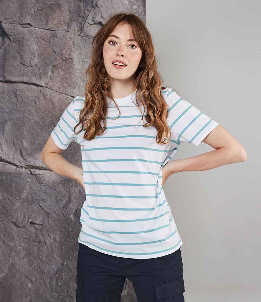 Front Row Striped T-Shirt in White Duck Egg by Front Row — Custom branded clothing by Print Press, featuring premium embroidery produced in our specialist print lab in the UK.