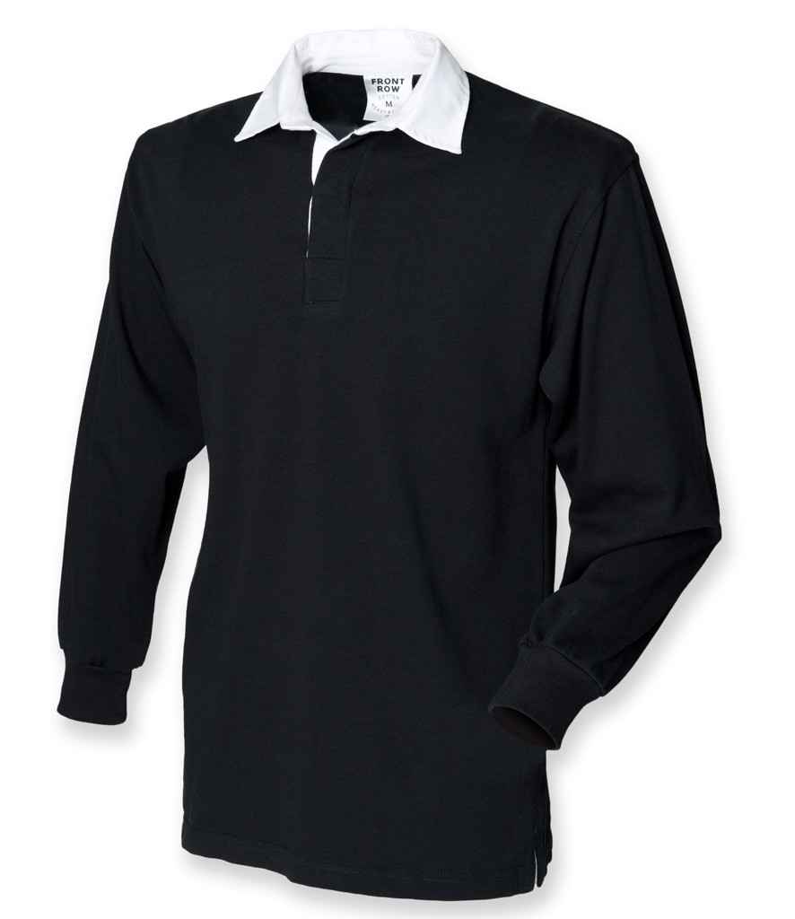 Front Row Original Rugby Shirt in Black by Front Row — Custom branded clothing by Print Press, featuring premium embroidery produced in our specialist print lab in the UK.