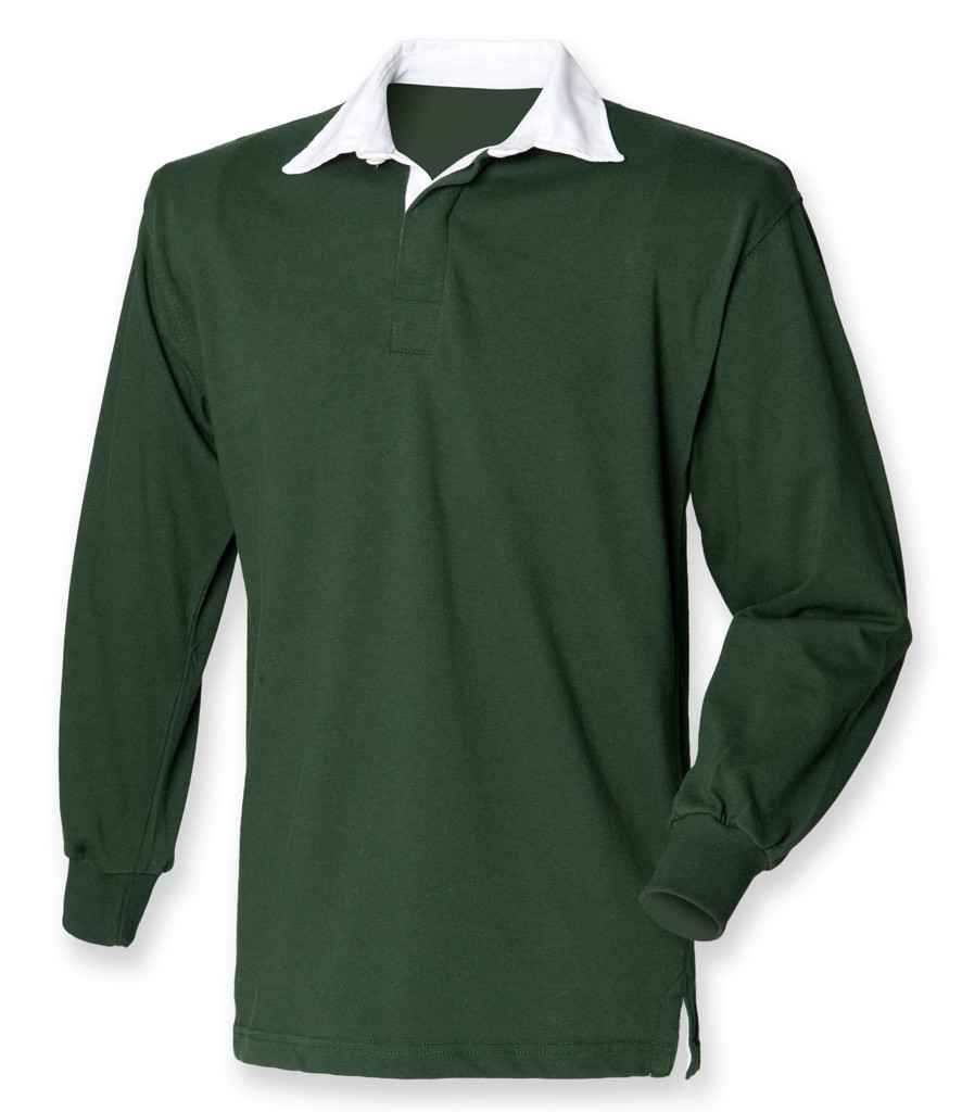 Front Row Original Rugby Shirt in Bottle Green by Front Row — Custom branded clothing by Print Press, featuring premium embroidery produced in our specialist print lab in the UK.