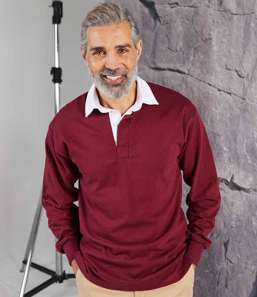 Front Row Original Rugby Shirt in Burgundy by Front Row — Custom branded clothing by Print Press, featuring premium embroidery produced in our specialist print lab in the UK.