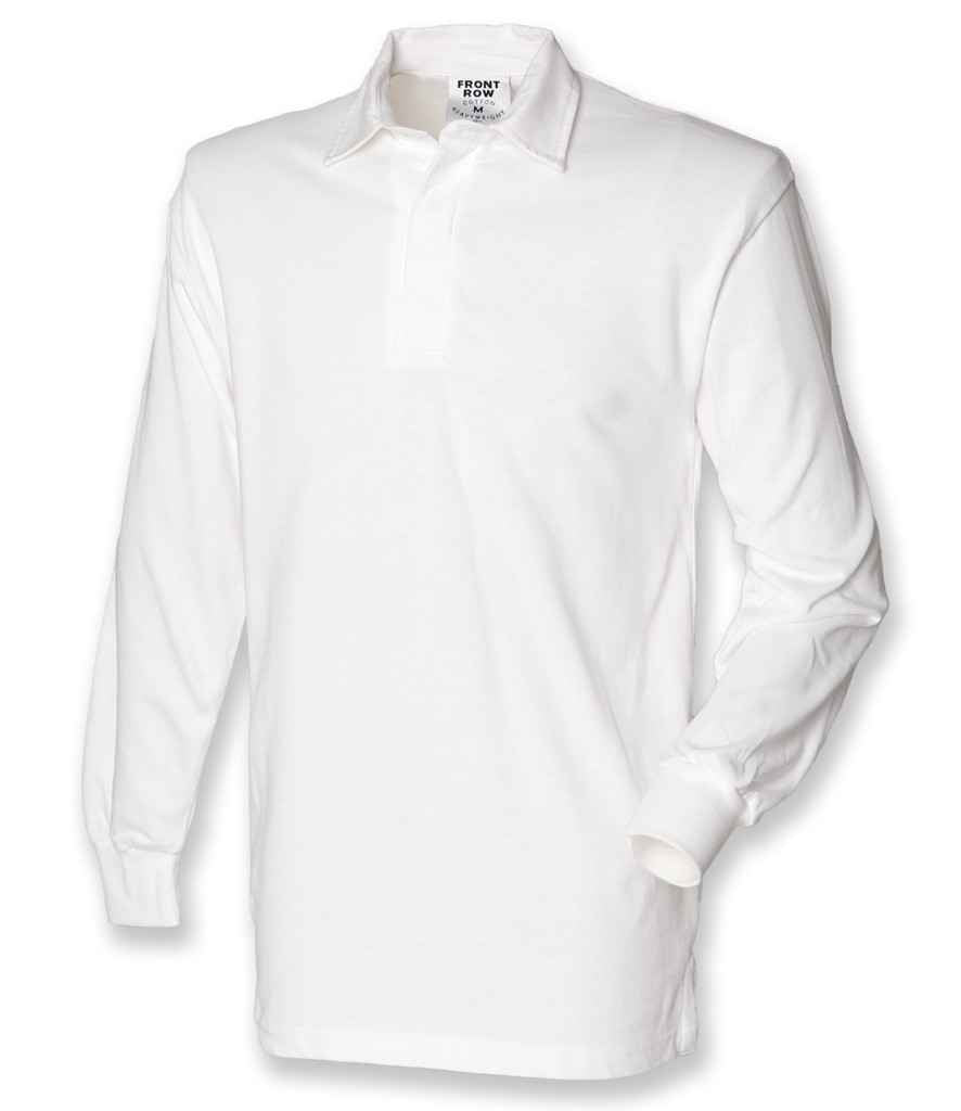 Front Row Original Rugby Shirt in White by Front Row — Custom branded clothing by Print Press, featuring premium embroidery produced in our specialist print lab in the UK.