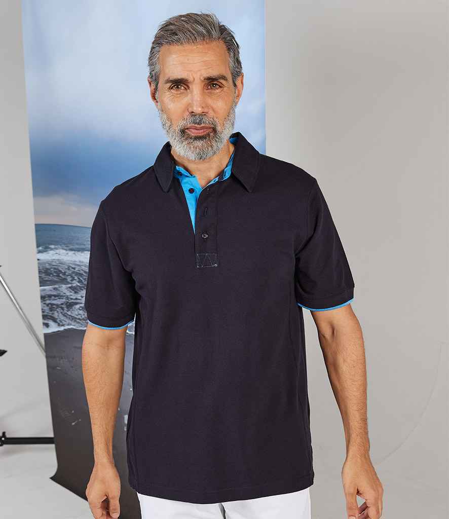 Front Row Contrast Cotton Piqué Polo Shirt in Navy Marine Blue by Front Row — Custom branded clothing by Print Press, featuring premium embroidery produced in our specialist print lab in the UK.