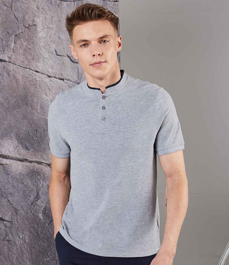 Front Row Stand Collar Stretch Polo Shirt in Heather Grey Bright Navy by Front Row — Custom branded clothing by Print Press, featuring premium embroidery produced in our specialist print lab in the UK.