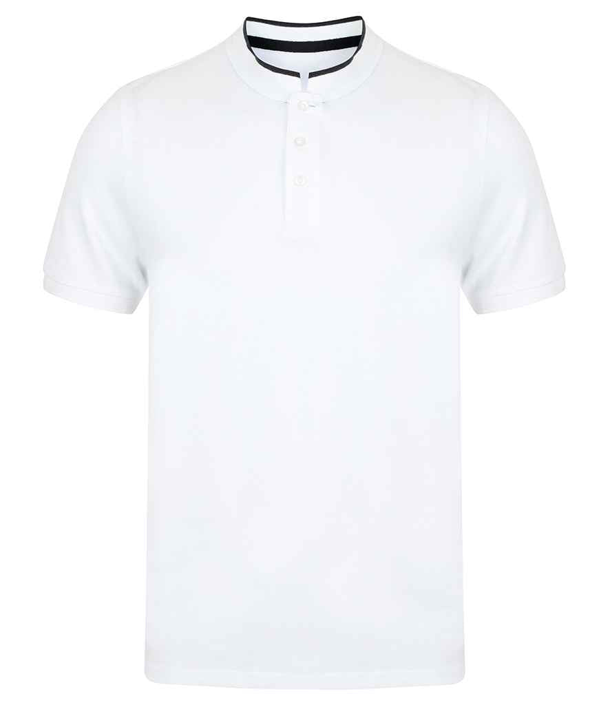 Front Row Stand Collar Stretch Polo Shirt in White Bright Navy by Front Row — Custom branded clothing by Print Press, featuring premium embroidery produced in our specialist print lab in the UK.