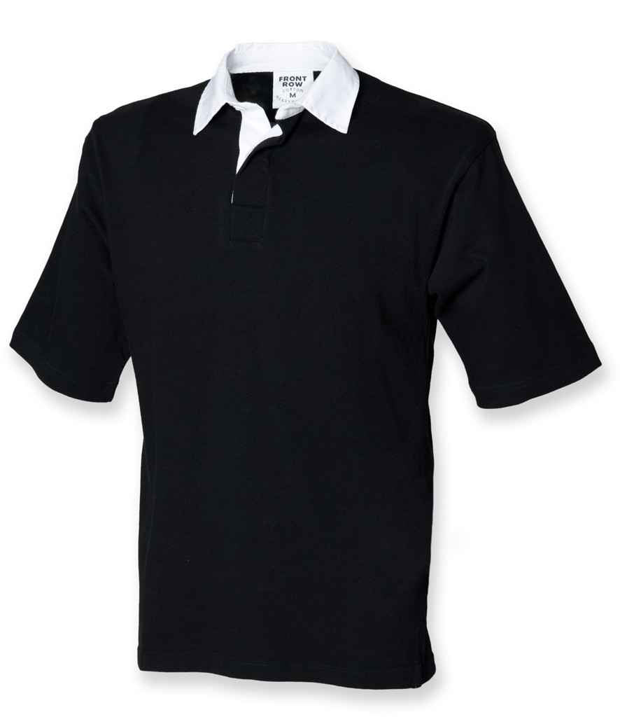 Front Row Short Sleeve Rugby Shirt in Black by Front Row — Custom branded clothing by Print Press, featuring premium embroidery produced in our specialist print lab in the UK.