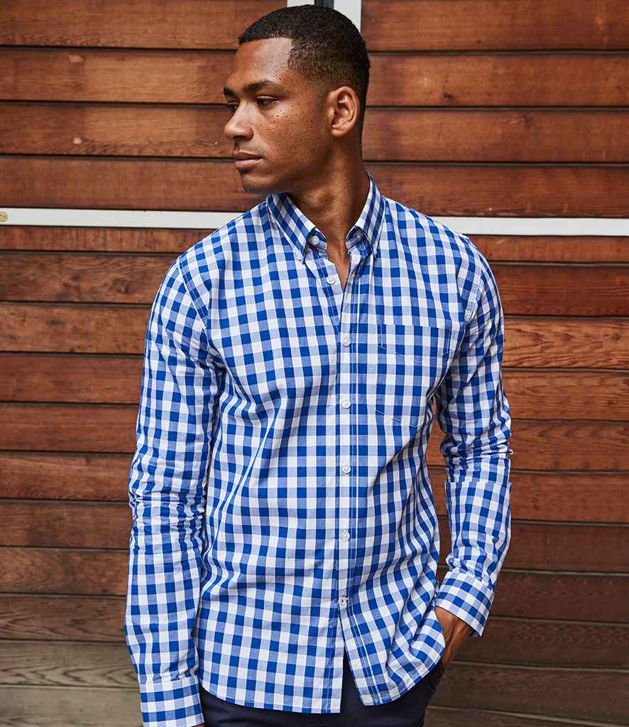 Front Row Long Sleeve Checked Cotton Shirt in Blue by Front Row — Custom branded clothing by Print Press, featuring premium embroidery produced in our specialist print lab in the UK.