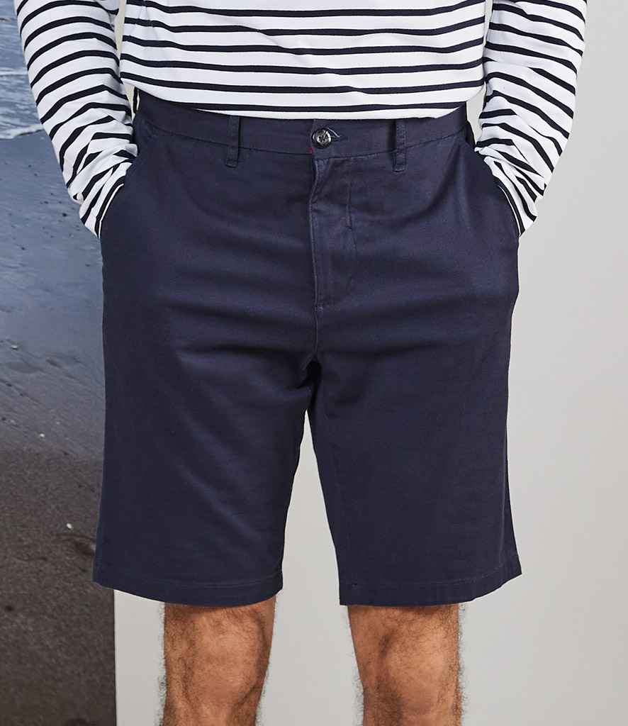 Front Row Stretch Chino Shorts in Navy by Front Row — Custom branded clothing by Print Press, featuring premium embroidery produced in our specialist print lab in the UK.