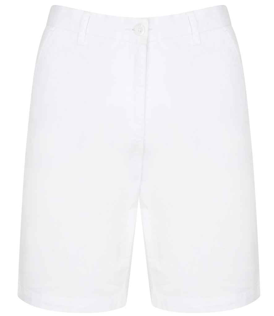 Front Row Stretch Chino Shorts in White by Front Row — Custom branded clothing by Print Press, featuring premium embroidery produced in our specialist print lab in the UK.