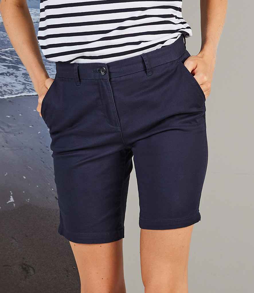Front Row Ladies Stretch Chino Shorts in Navy by Front Row — Custom branded clothing by Print Press, featuring premium embroidery produced in our specialist print lab in the UK.