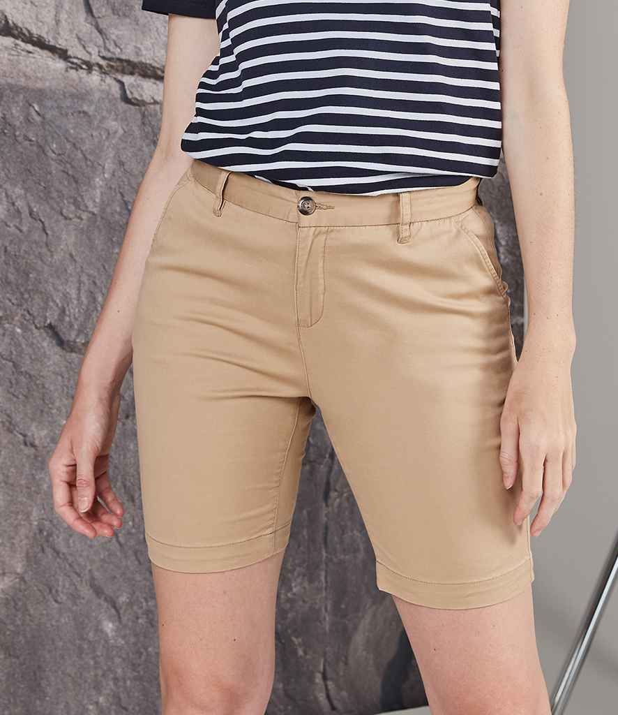 Front Row Ladies Stretch Chino Shorts in Stone by Front Row — Custom branded clothing by Print Press, featuring premium embroidery produced in our specialist print lab in the UK.
