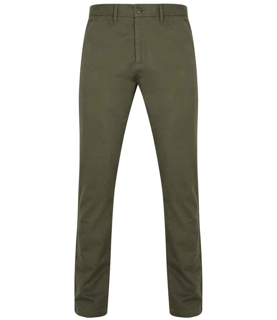 Front Row Stretch Chino Trousers in Khaki by Front Row — Custom branded clothing by Print Press, featuring premium embroidery produced in our specialist print lab in the UK.