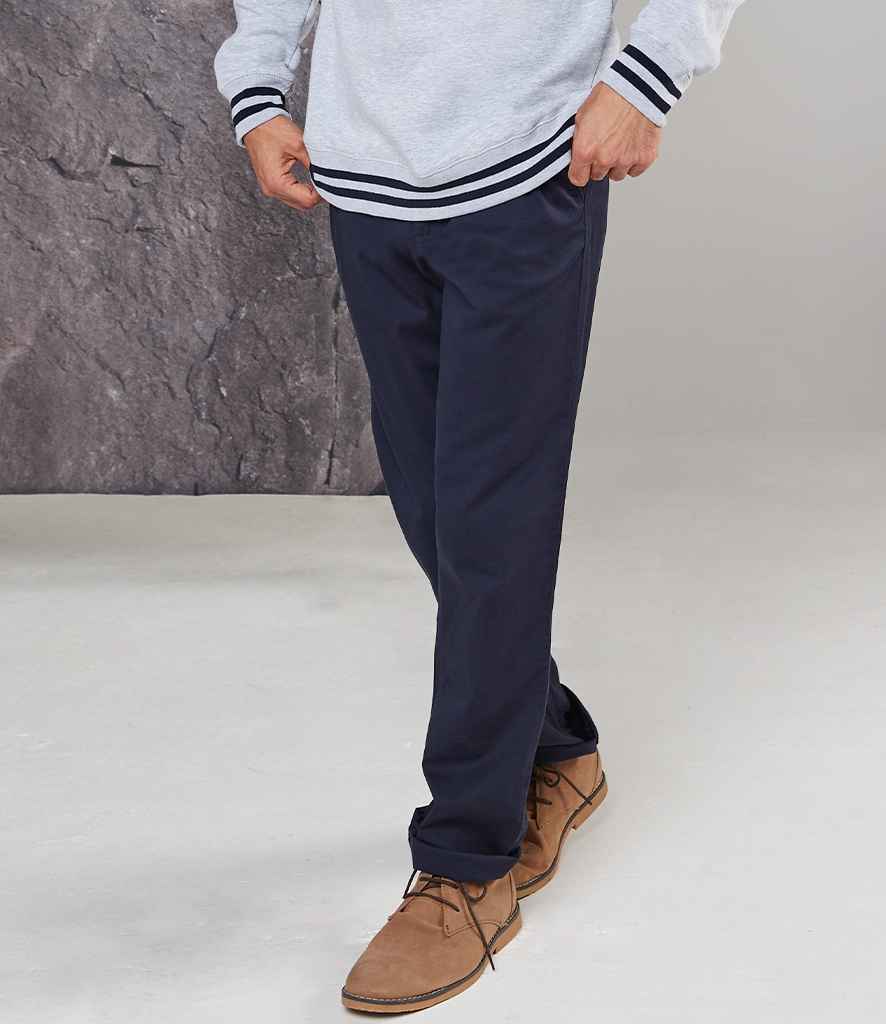 Front Row Stretch Chino Trousers in Navy by Front Row — Custom branded clothing by Print Press, featuring premium embroidery produced in our specialist print lab in the UK.