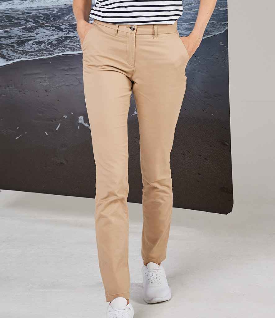 Front Row Ladies Stretch Chino Trousers in Stone by Front Row — Custom branded clothing by Print Press, featuring premium embroidery produced in our specialist print lab in the UK.