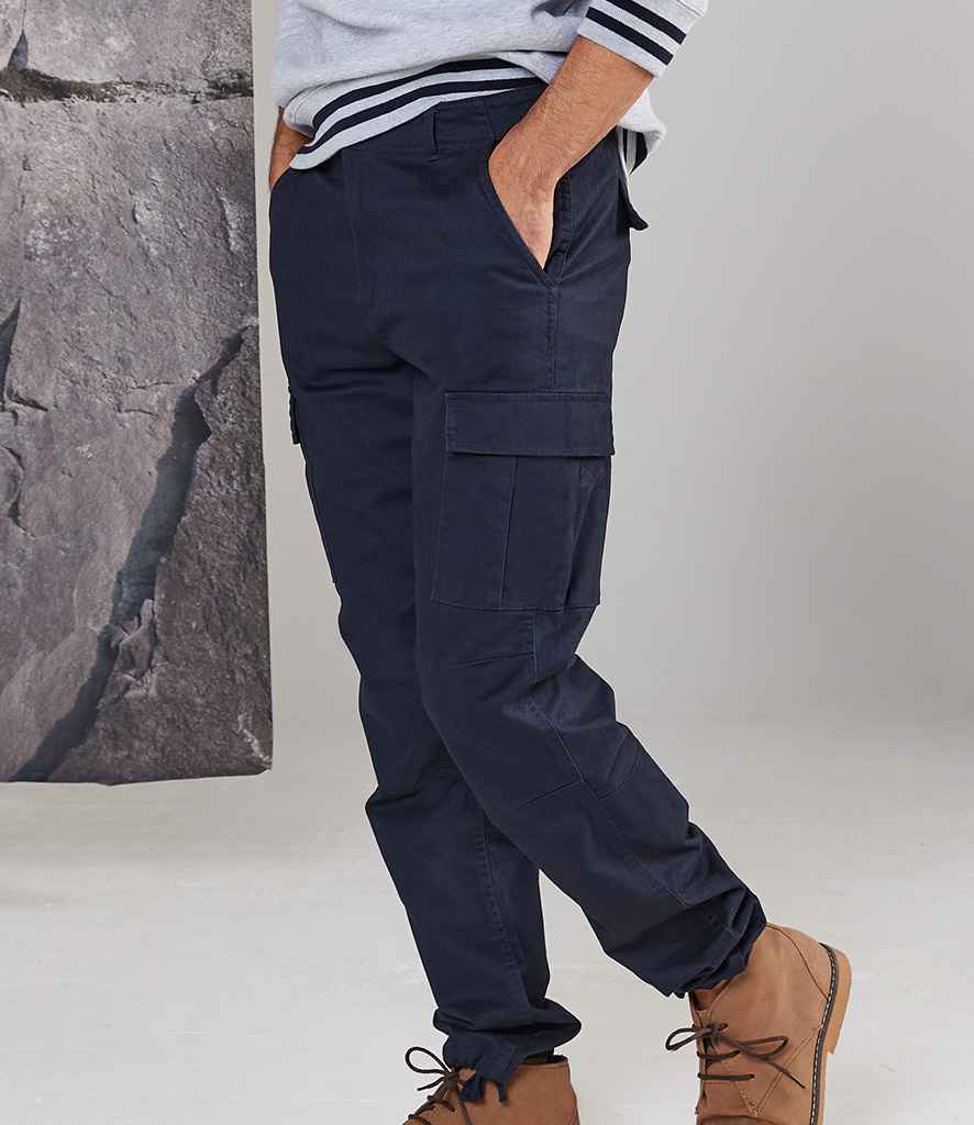 Front Row Stretch Cargo Trousers in Navy by Front Row — Custom branded clothing by Print Press, featuring premium embroidery produced in our specialist print lab in the UK.