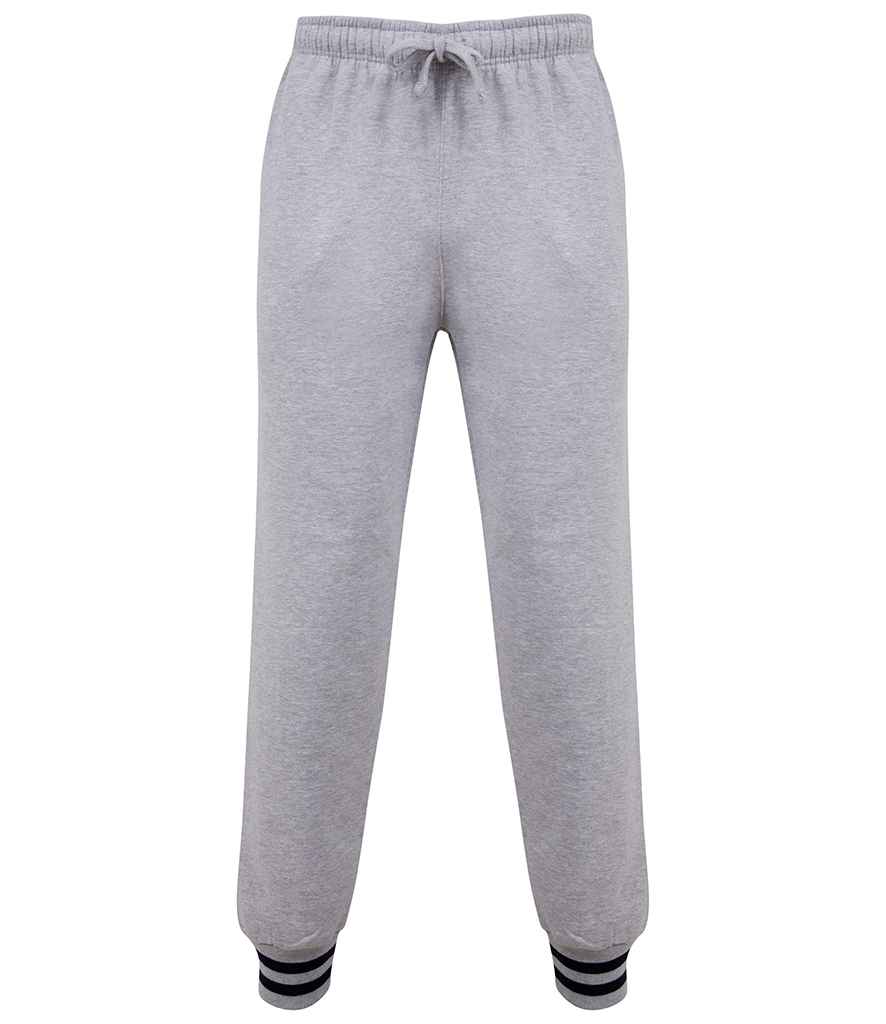 Front Row Unisex Striped Cuff Joggers in Heather Grey Navy by Front Row — Custom branded clothing by Print Press, featuring premium embroidery produced in our specialist print lab in the UK.