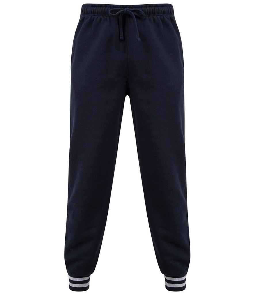 Front Row Unisex Striped Cuff Joggers in Navy Heather Grey by Front Row — Custom branded clothing by Print Press, featuring premium embroidery produced in our specialist print lab in the UK.
