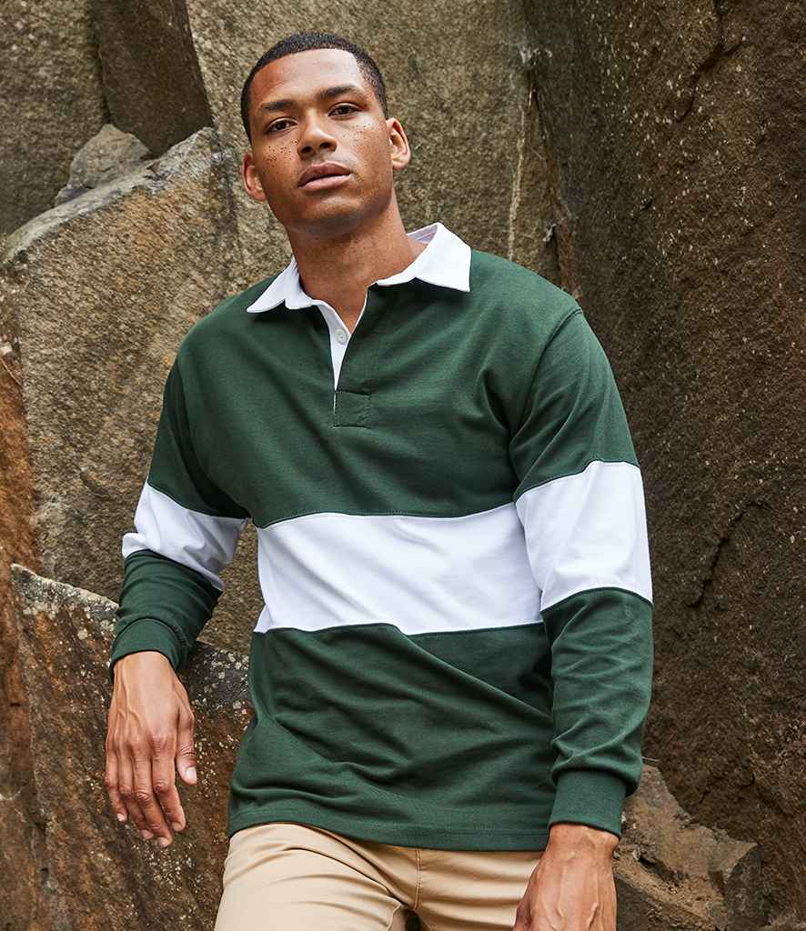 Front Row Panelled Rugby Shirt in Bottle Green White by Front Row — Custom branded clothing by Print Press, featuring premium embroidery produced in our specialist print lab in the UK.