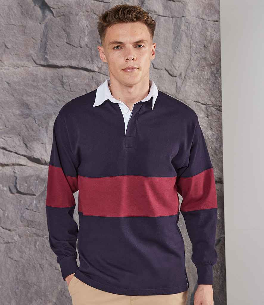 Front Row Panelled Rugby Shirt in Navy Burgundy by Front Row — Custom branded clothing by Print Press, featuring premium embroidery produced in our specialist print lab in the UK.