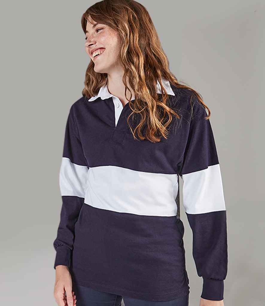 Front Row Panelled Rugby Shirt in Navy White by Front Row — Custom branded clothing by Print Press, featuring premium embroidery produced in our specialist print lab in the UK.