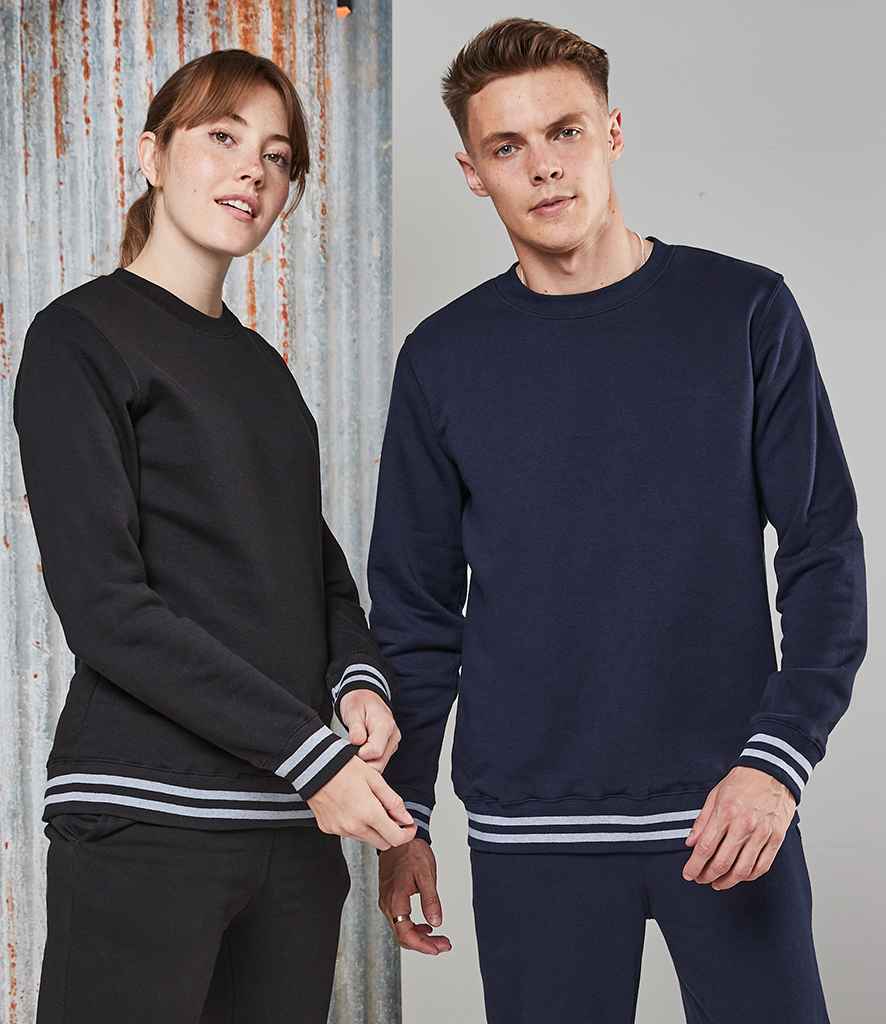 Front Row Unisex Striped Cuff Sweatshirt in Navy Heather Grey by Front Row — Custom branded clothing by Print Press, featuring premium embroidery produced in our specialist print lab in the UK.
