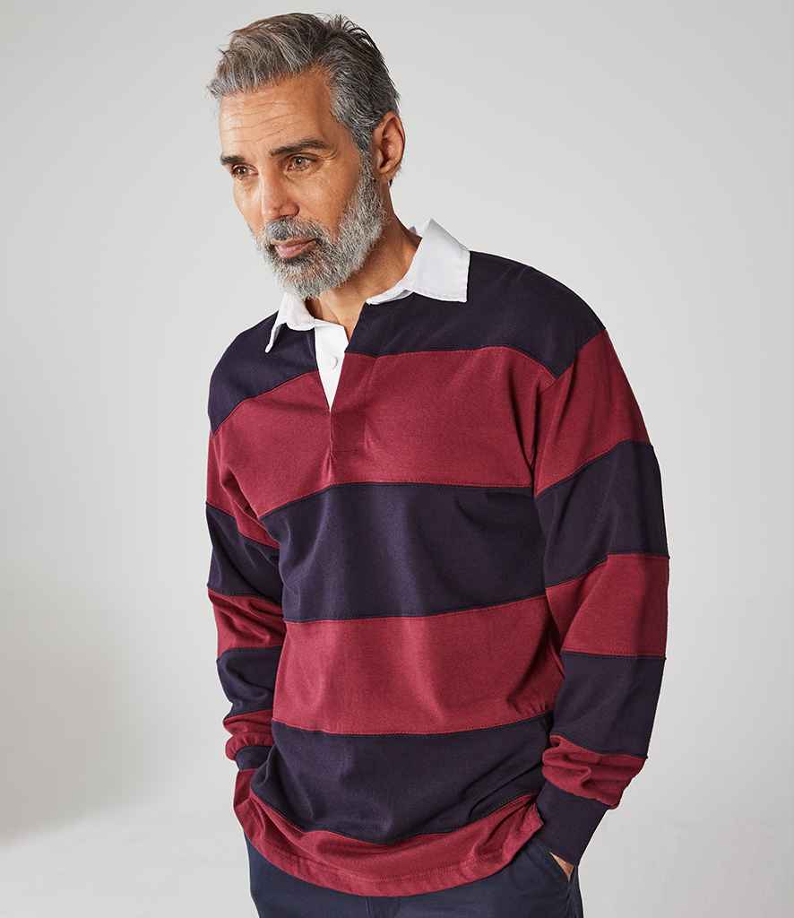Front Row Sewn Stripe Rugby Shirt in Burgundy Navy by Front Row — Custom branded clothing by Print Press, featuring premium embroidery produced in our specialist print lab in the UK.