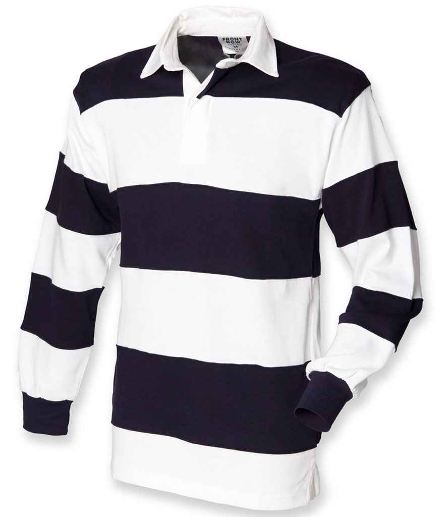 Front Row Sewn Stripe Rugby Shirt in White Navy by Front Row — Custom branded clothing by Print Press, featuring premium embroidery produced in our specialist print lab in the UK.
