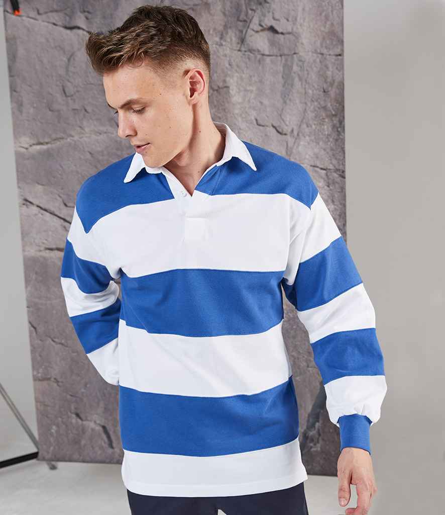 Front Row Sewn Stripe Rugby Shirt in White Royal Blue by Front Row — Custom branded clothing by Print Press, featuring premium embroidery produced in our specialist print lab in the UK.