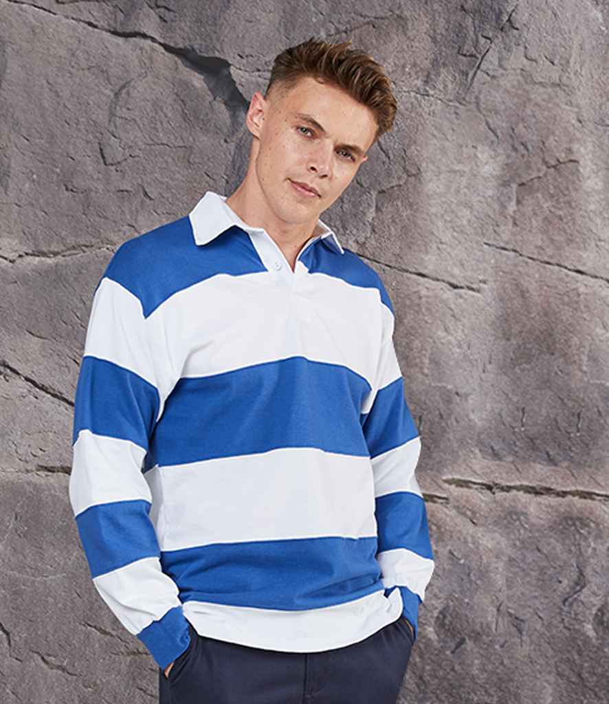 Front Row Sewn Stripe Rugby Shirt in by Front Row — Custom branded clothing by Print Press, featuring premium embroidery produced in our specialist print lab in the UK.