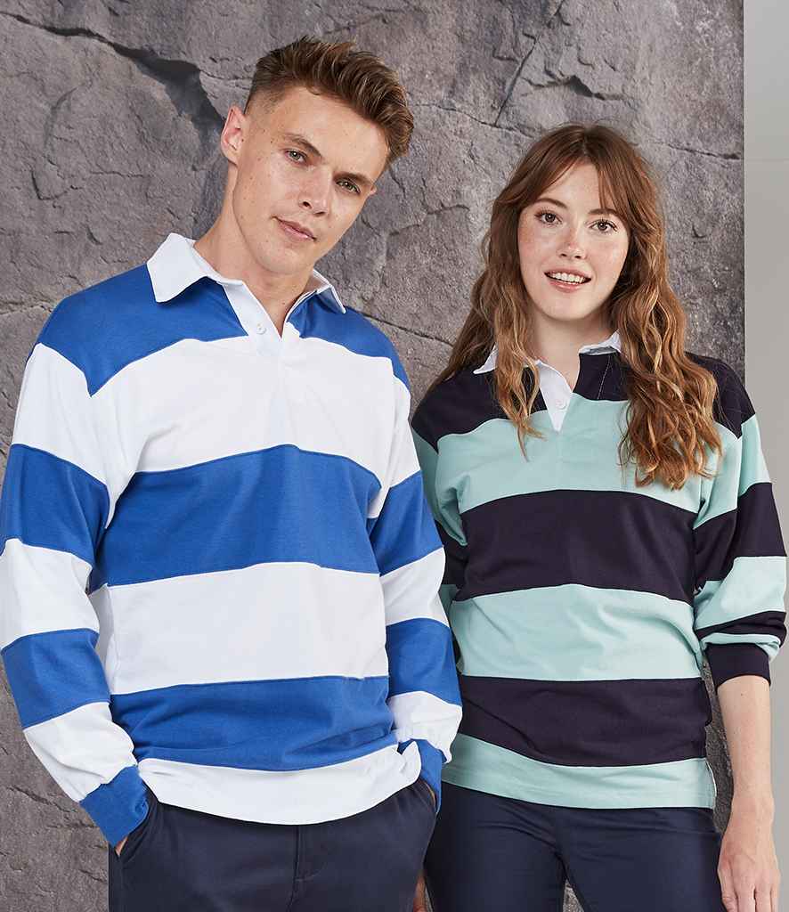 Front Row Sewn Stripe Rugby Shirt in by Front Row — Custom branded clothing by Print Press, featuring premium embroidery produced in our specialist print lab in the UK.