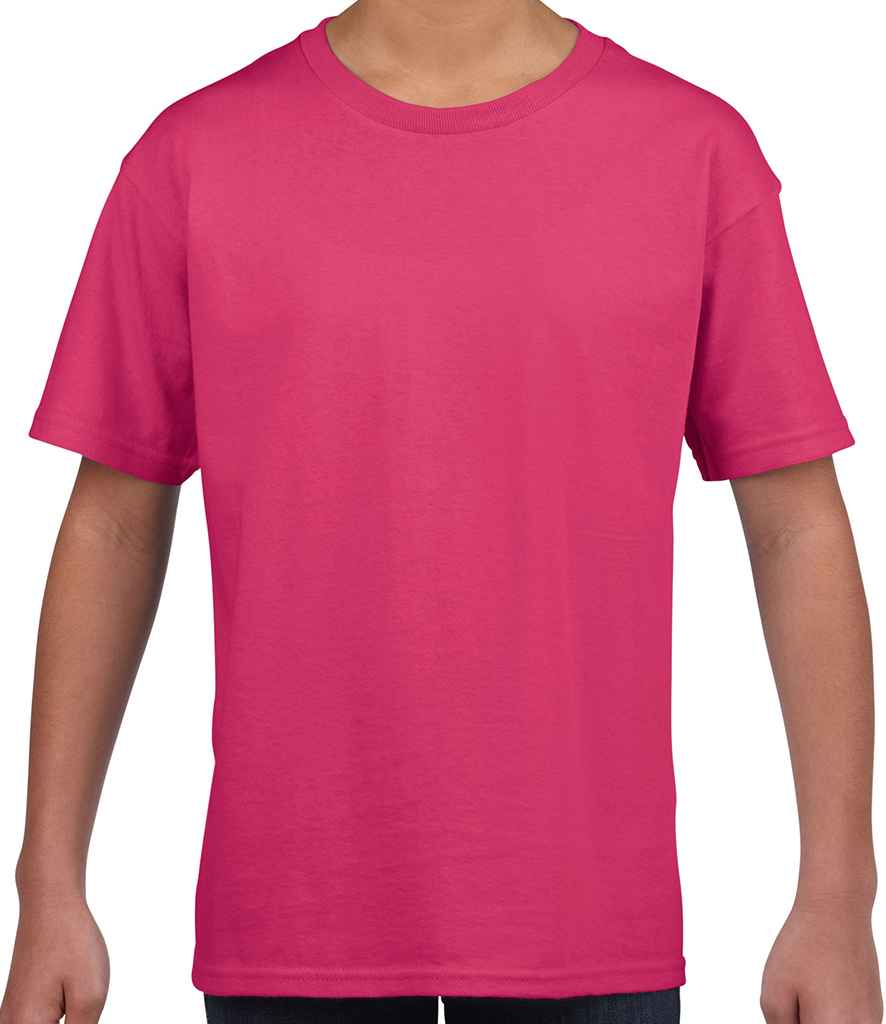 Gildan Kids SoftStyle Ringspun T-Shirt in Heliconia by Gildan — Custom branded clothing by Print Press, featuring premium embroidery produced in our specialist print lab in the UK.