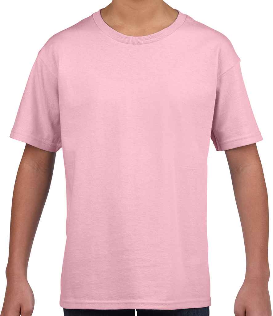 Gildan Kids SoftStyle Ringspun T-Shirt in Light Pink by Gildan — Custom branded clothing by Print Press, featuring premium embroidery produced in our specialist print lab in the UK.
