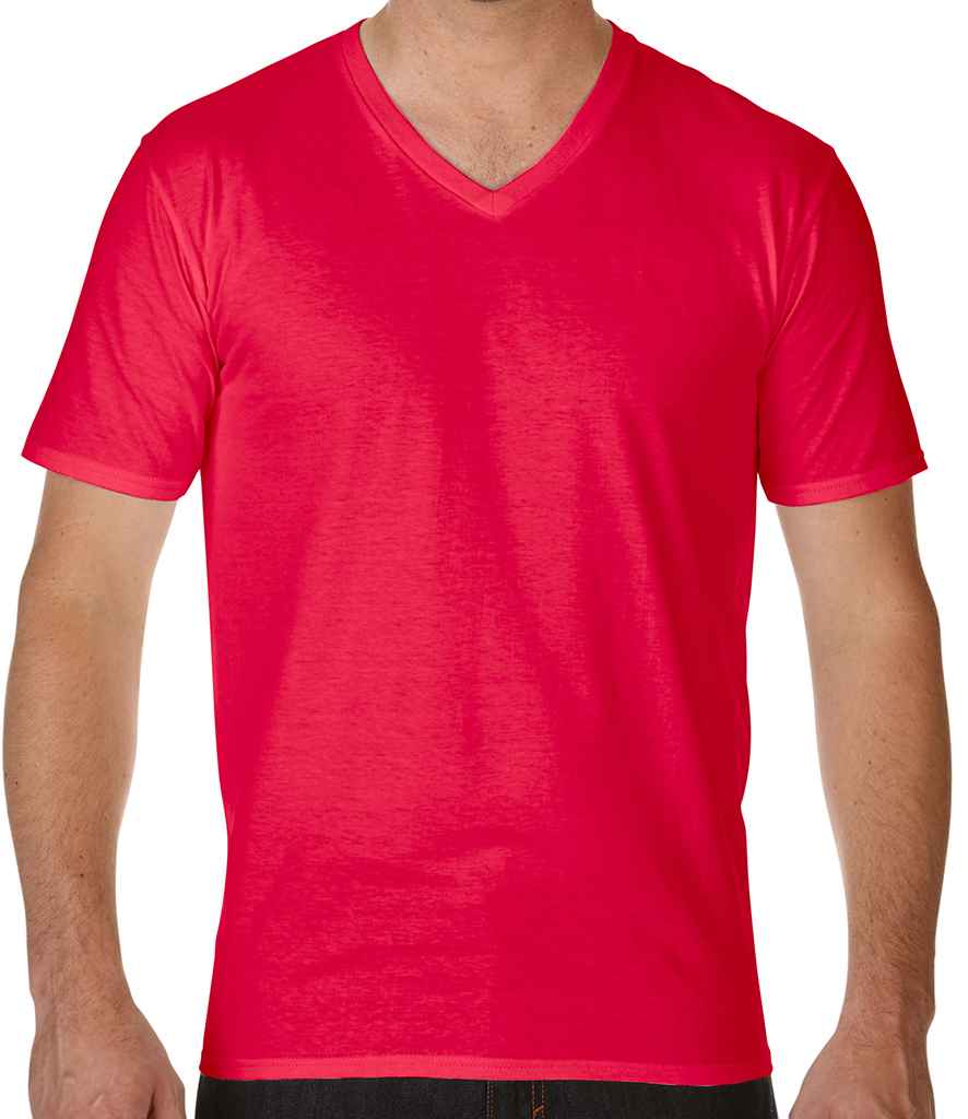 Gildan Premium Cotton V Neck T-Shirt in Red by Gildan — Custom branded clothing by Print Press, featuring premium embroidery produced in our specialist print lab in the UK.