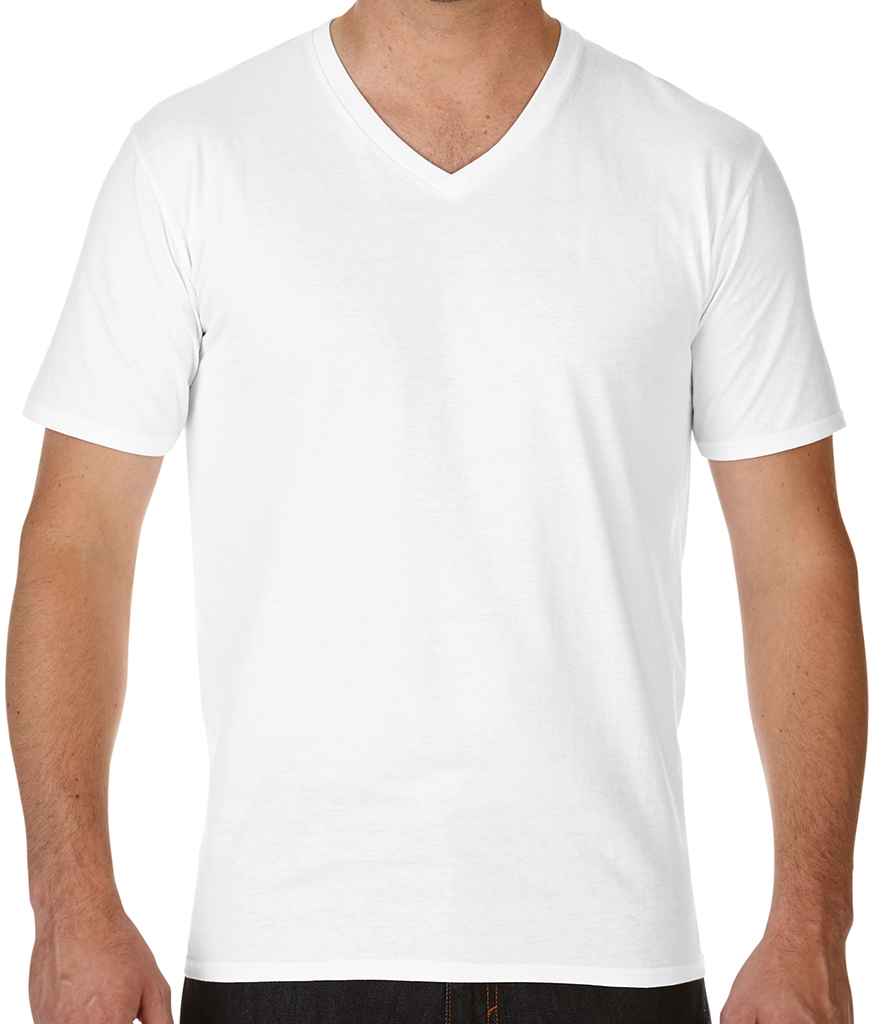 Gildan Premium Cotton V Neck T-Shirt in White by Gildan — Custom branded clothing by Print Press, featuring premium embroidery produced in our specialist print lab in the UK.