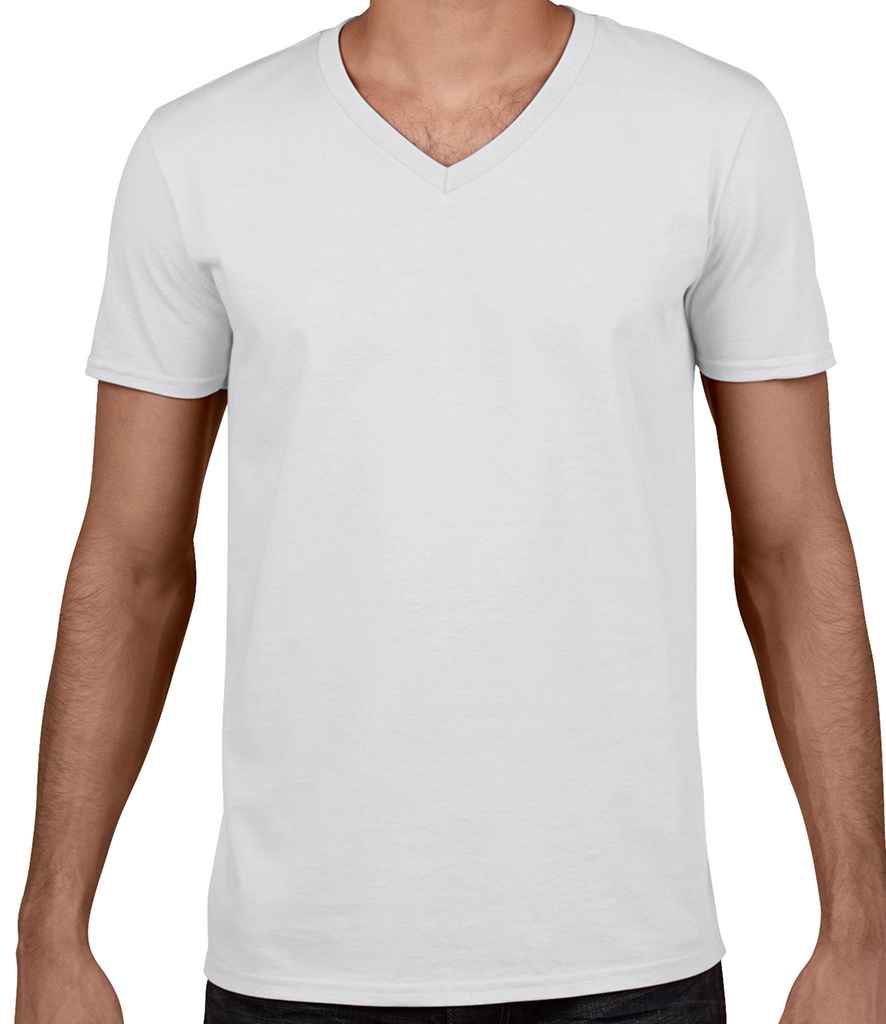 Gildan SoftStyle V Neck T-Shirt in White by Gildan — Custom branded clothing by Print Press, featuring premium embroidery produced in our specialist print lab in the UK.