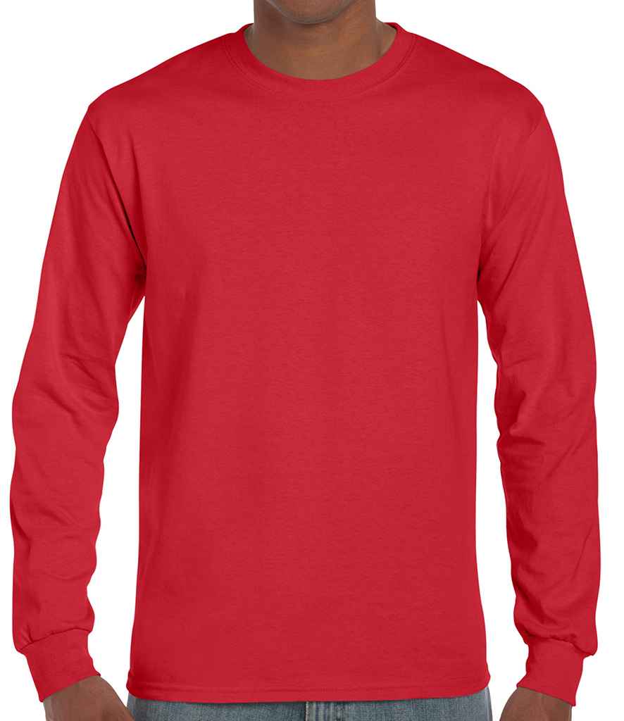 Gildan Ultra Cotton Long Sleeve T-Shirt in Red by Gildan — Custom branded clothing by Print Press, featuring premium embroidery produced in our specialist print lab in the UK.
