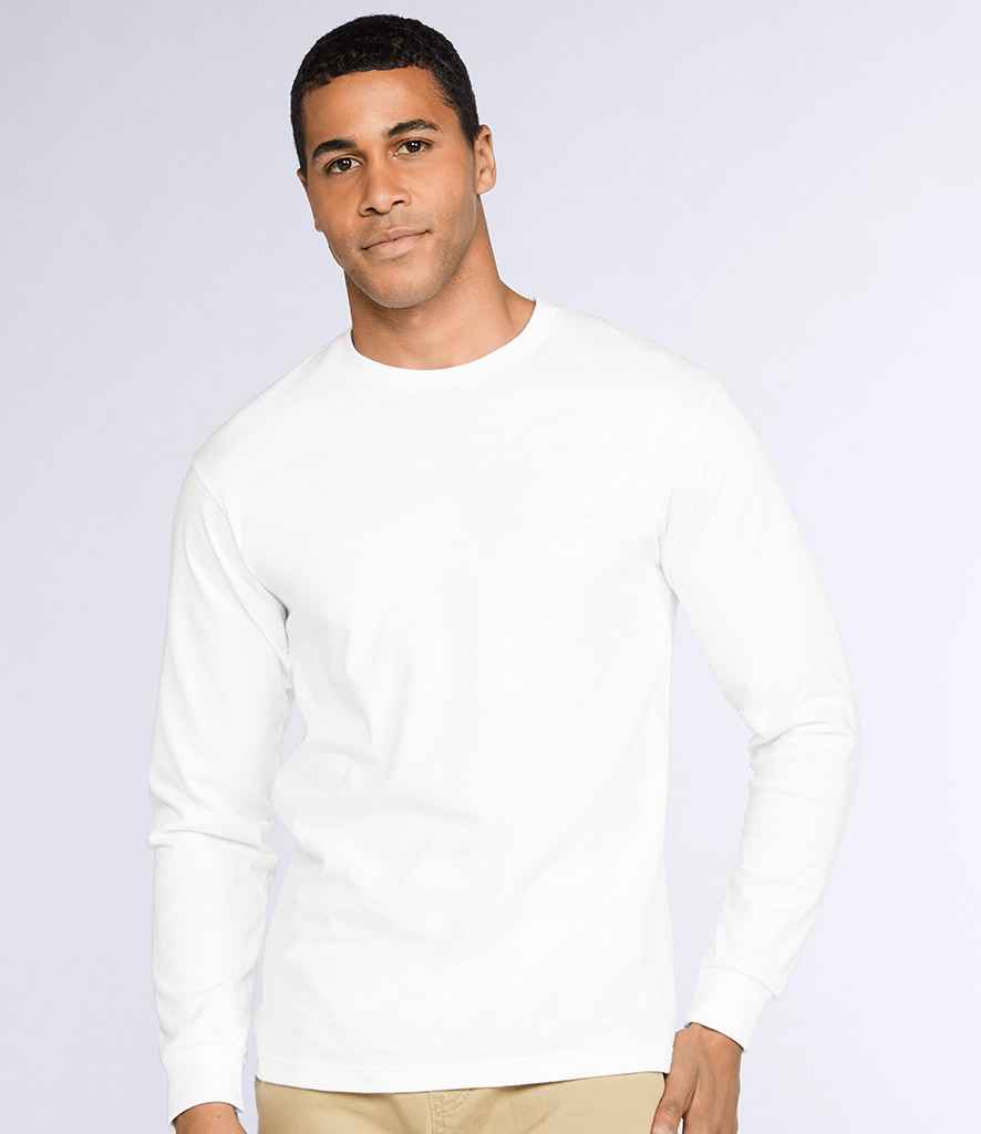 Gildan Hammer Heavyweight Long Sleeve T-Shirt in White by Gildan — Custom branded clothing by Print Press, featuring premium embroidery produced in our specialist print lab in the UK.