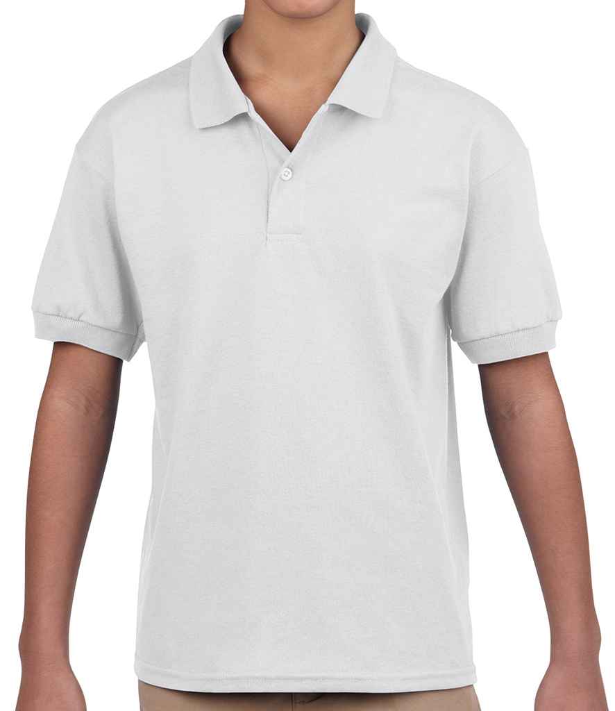 Gildan Kids DryBlend Jersey Polo Shirt in White by Gildan — Custom branded clothing by Print Press, featuring premium embroidery produced in our specialist print lab in the UK.
