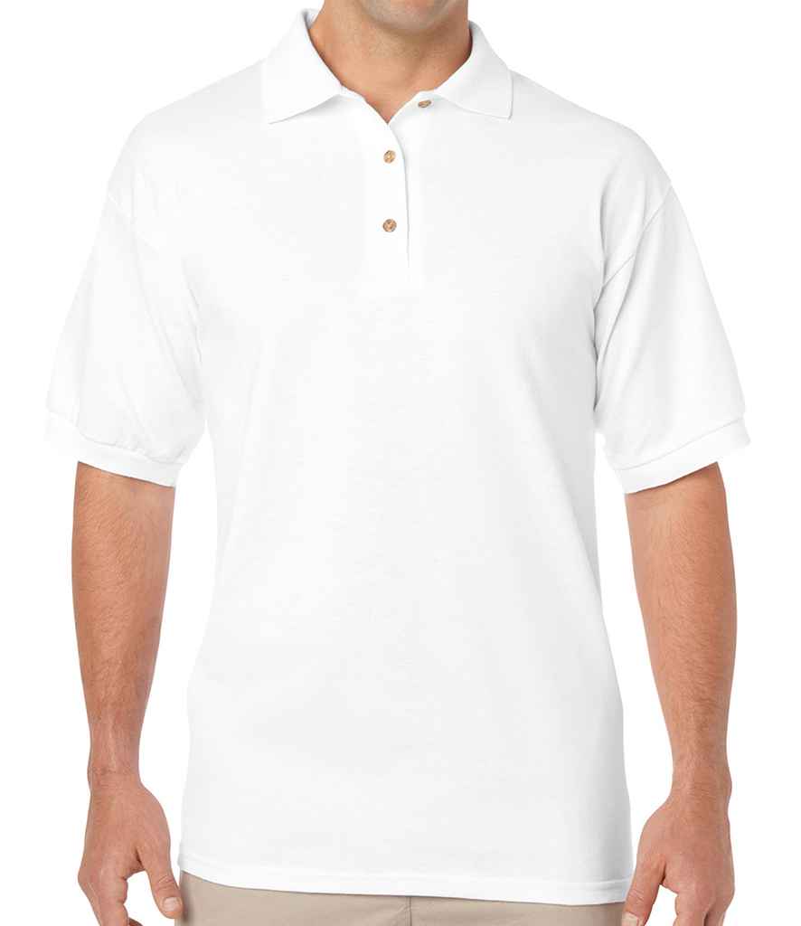 Gildan DryBlend Jersey Polo Shirt in White by Gildan — Custom branded clothing by Print Press, featuring premium embroidery produced in our specialist print lab in the UK.