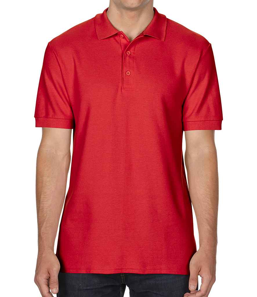 Gildan Premium Cotton Double Pique Polo Shirt in Red by Gildan — Custom branded clothing by Print Press, featuring premium embroidery produced in our specialist print lab in the UK.