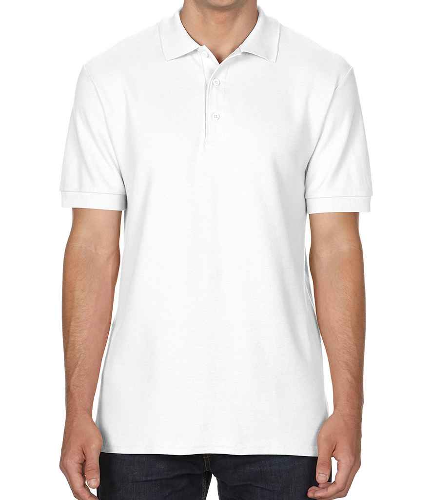 Gildan Premium Cotton Double Pique Polo Shirt in White by Gildan — Custom branded clothing by Print Press, featuring premium embroidery produced in our specialist print lab in the UK.