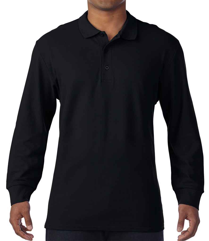 Gildan Long Sleeve Premium Cotton Double Pique Polo Shirt in Black by Gildan — Custom branded clothing by Print Press, featuring premium embroidery produced in our specialist print lab in the UK.