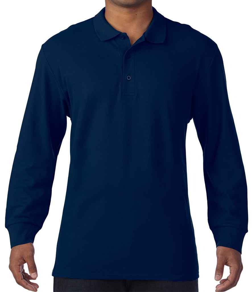 Gildan Long Sleeve Premium Cotton Double Pique Polo Shirt in Navy by Gildan — Custom branded clothing by Print Press, featuring premium embroidery produced in our specialist print lab in the UK.
