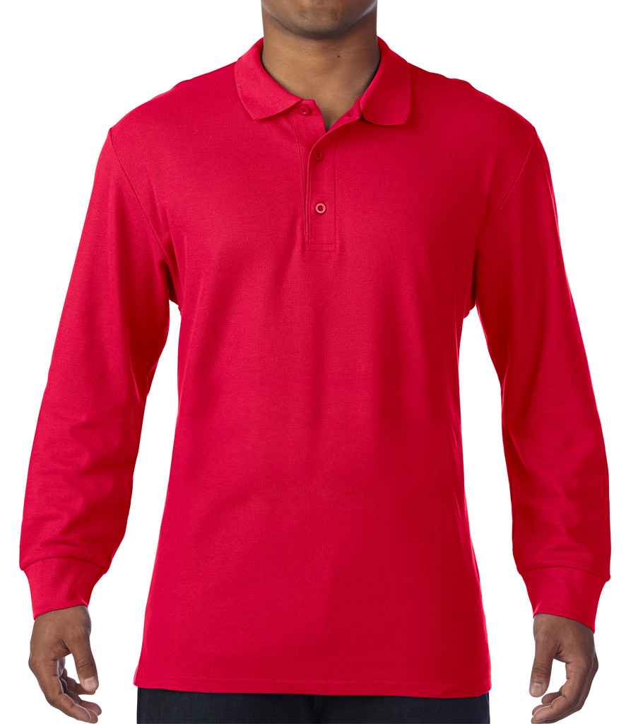 Gildan Long Sleeve Premium Cotton Double Pique Polo Shirt in by Gildan — Custom branded clothing by Print Press, featuring premium embroidery produced in our specialist print lab in the UK.