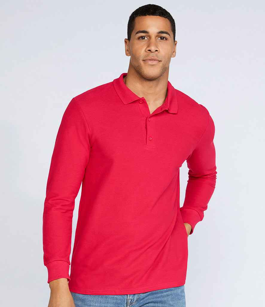 Gildan Long Sleeve Premium Cotton Double Pique Polo Shirt in Red by Gildan — Custom branded clothing by Print Press, featuring premium embroidery produced in our specialist print lab in the UK.