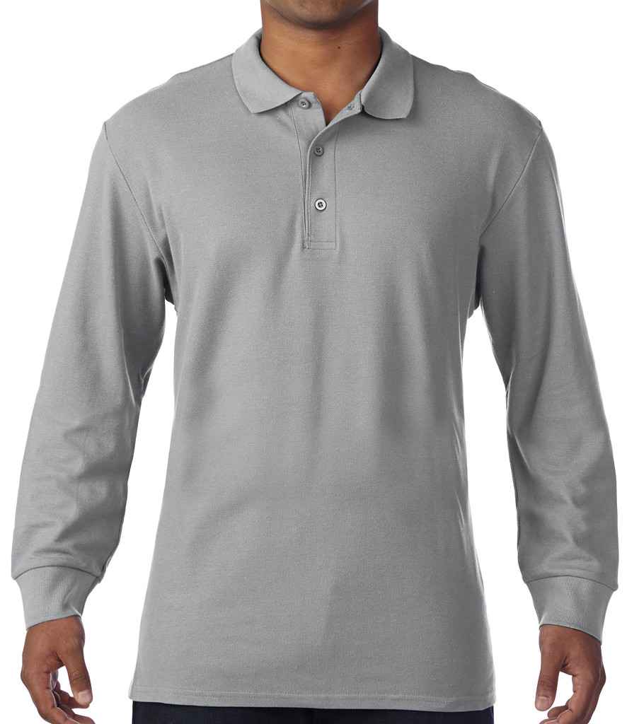 Gildan Long Sleeve Premium Cotton Double Pique Polo Shirt in Sport Grey by Gildan — Custom branded clothing by Print Press, featuring premium embroidery produced in our specialist print lab in the UK.