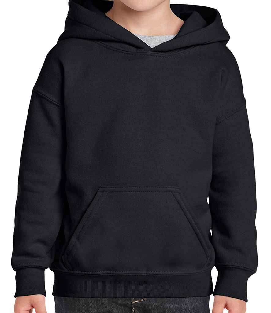 Gildan Kids Heavy Blend Hooded Sweatshirt in Black by Gildan — Custom branded clothing by Print Press, featuring premium embroidery produced in our specialist print lab in the UK.