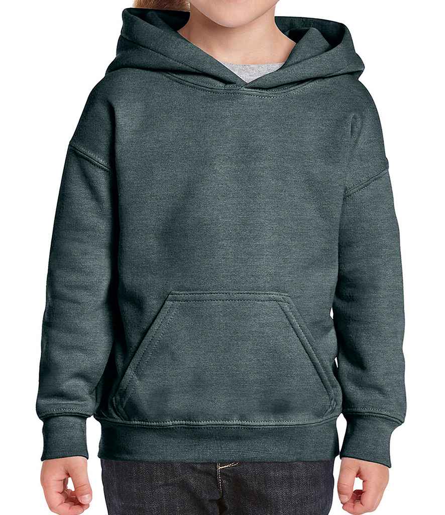 Gildan Kids Heavy Blend Hooded Sweatshirt in Dark Heather by Gildan — Custom branded clothing by Print Press, featuring premium embroidery produced in our specialist print lab in the UK.